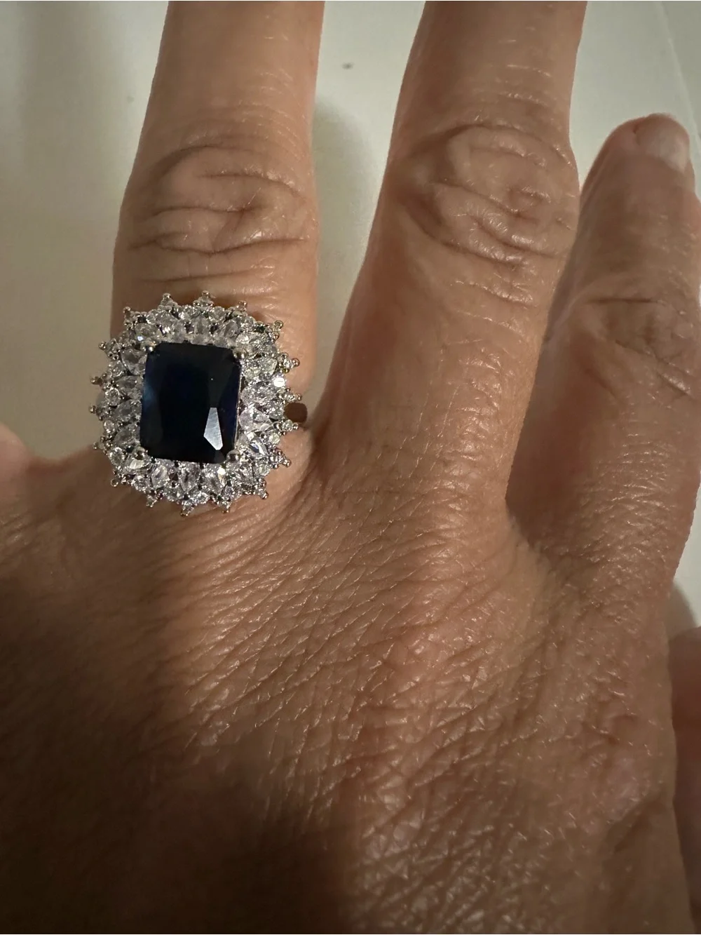 Classic Silvertone Blue Stone Halo Cocktail Ring - Women Jewelry
